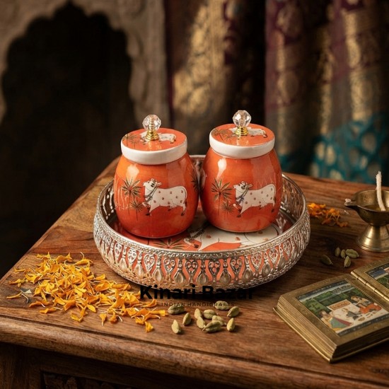 Pichwai Tray With Two Jars 