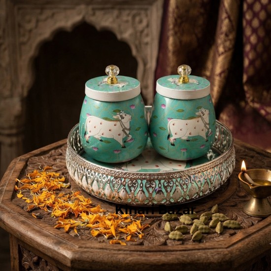 Pichwai Tray With Two Jars 